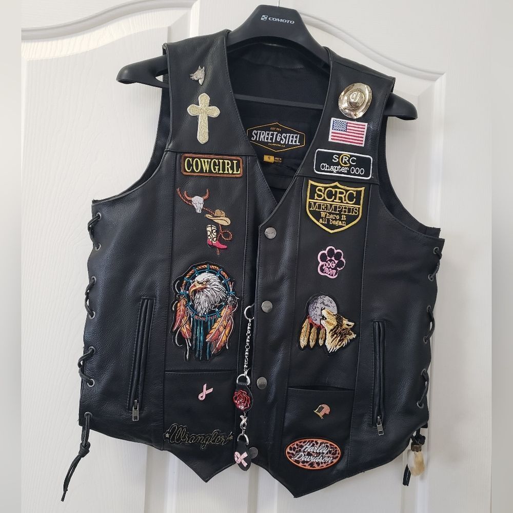 Street & Steel Black Leather Biker Vest with Patches, Pins & Extras